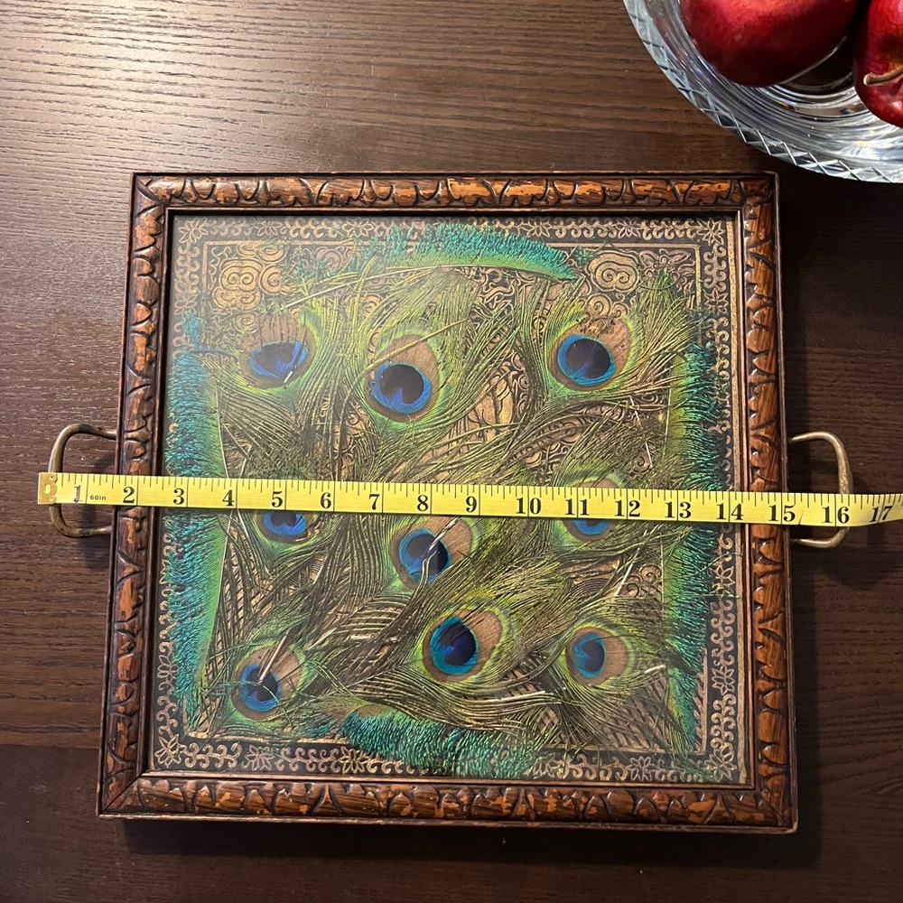 Vintage Peacock Feather Serving Tray – Brass Handles, Glass Top - Picture 2 of 6